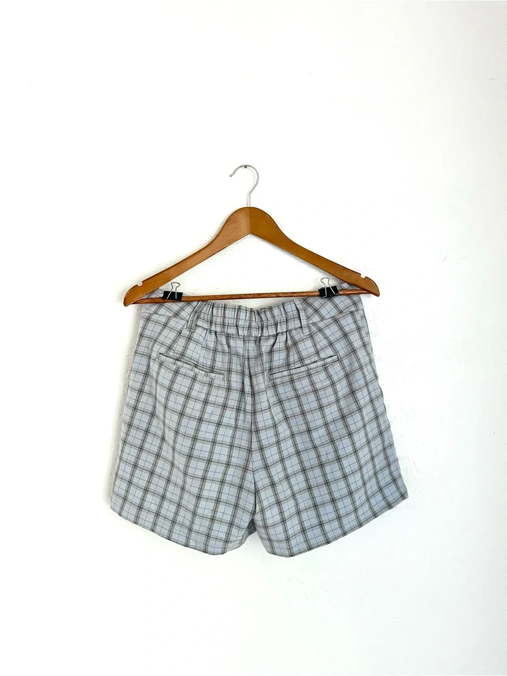 UO Light Blue Plaid High-Waist Shorts
